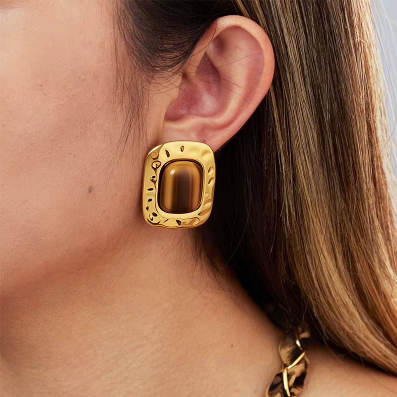 Ars Boucles d'oreilles vintage en pierre d'agate plaqué or 18 carats