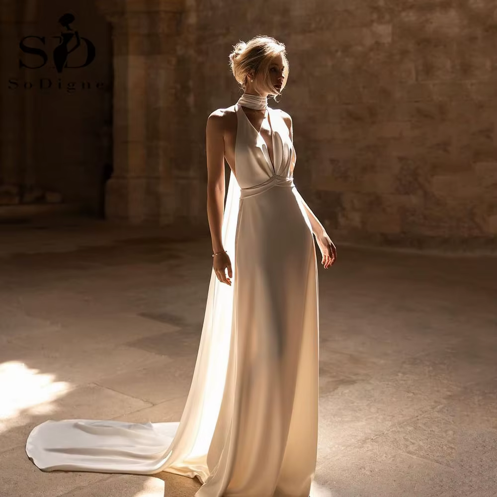 SoDigne-Robe de Mariée Longue en Satin Élégante