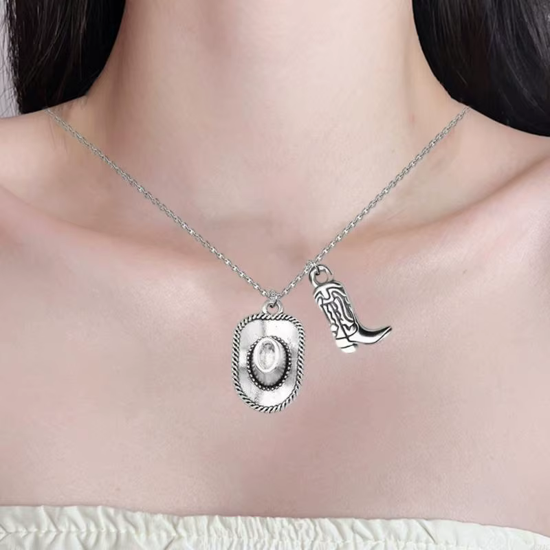 Collier à breloques en argent Antique avec chapeau Cowboy botte