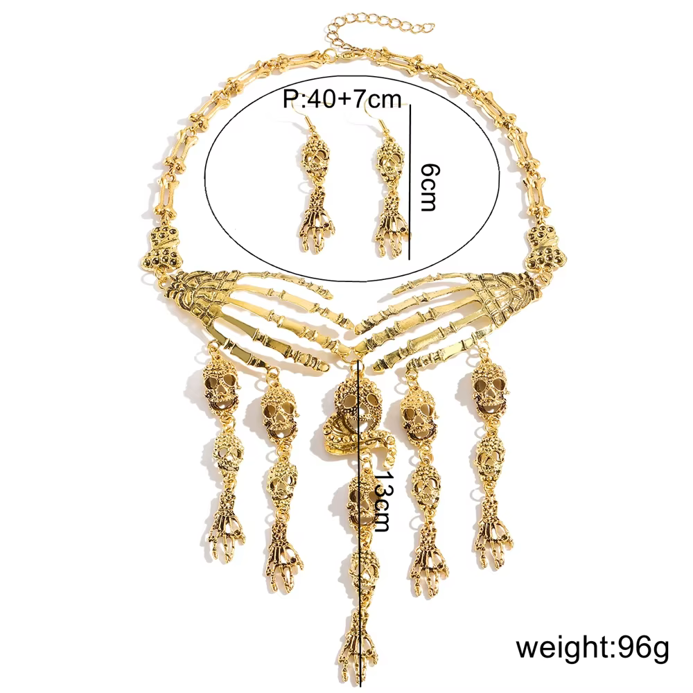 Ensemble collier et boucles d'oreilles tête de mort main fantôme en métal vintage pour femmes