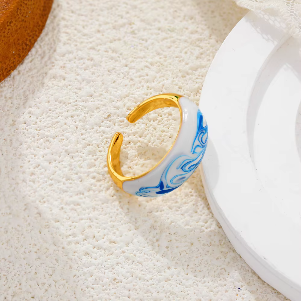 Bague ouverte Vintage en émail bleu blanc pour femmes