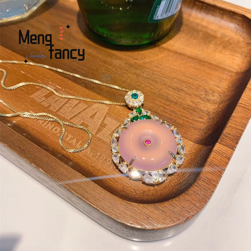 Pendentif en pierre de calcédoine rose naturelle incrustée d'agate verte de paix
