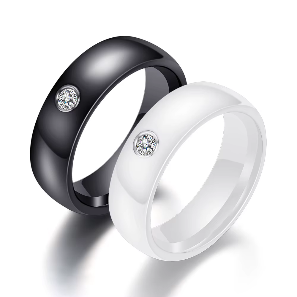 Bague en céramique noire et blanche en Zircon pour femmes