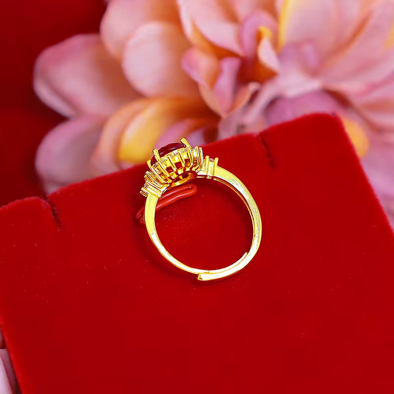 Bague en or pur 9999 24K avec incrustation de cristal rouge naturel et ouverture réglable