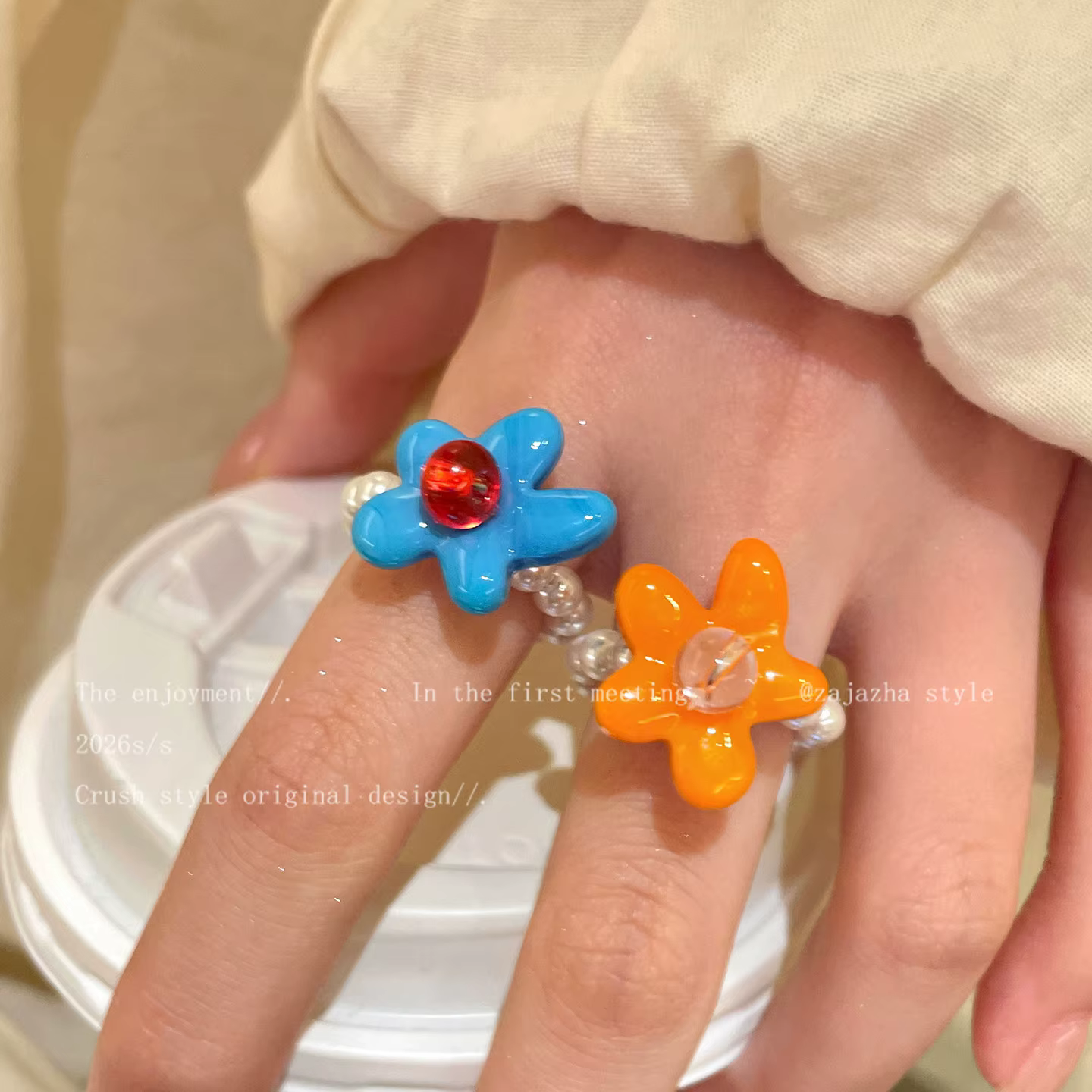 Bague perlée à fleurs colorées, bijoux pour les vacances d'été