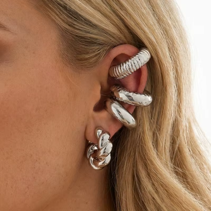 Lot de 4 grandes boucles d'oreilles manchette CCB non-percées pour femmes