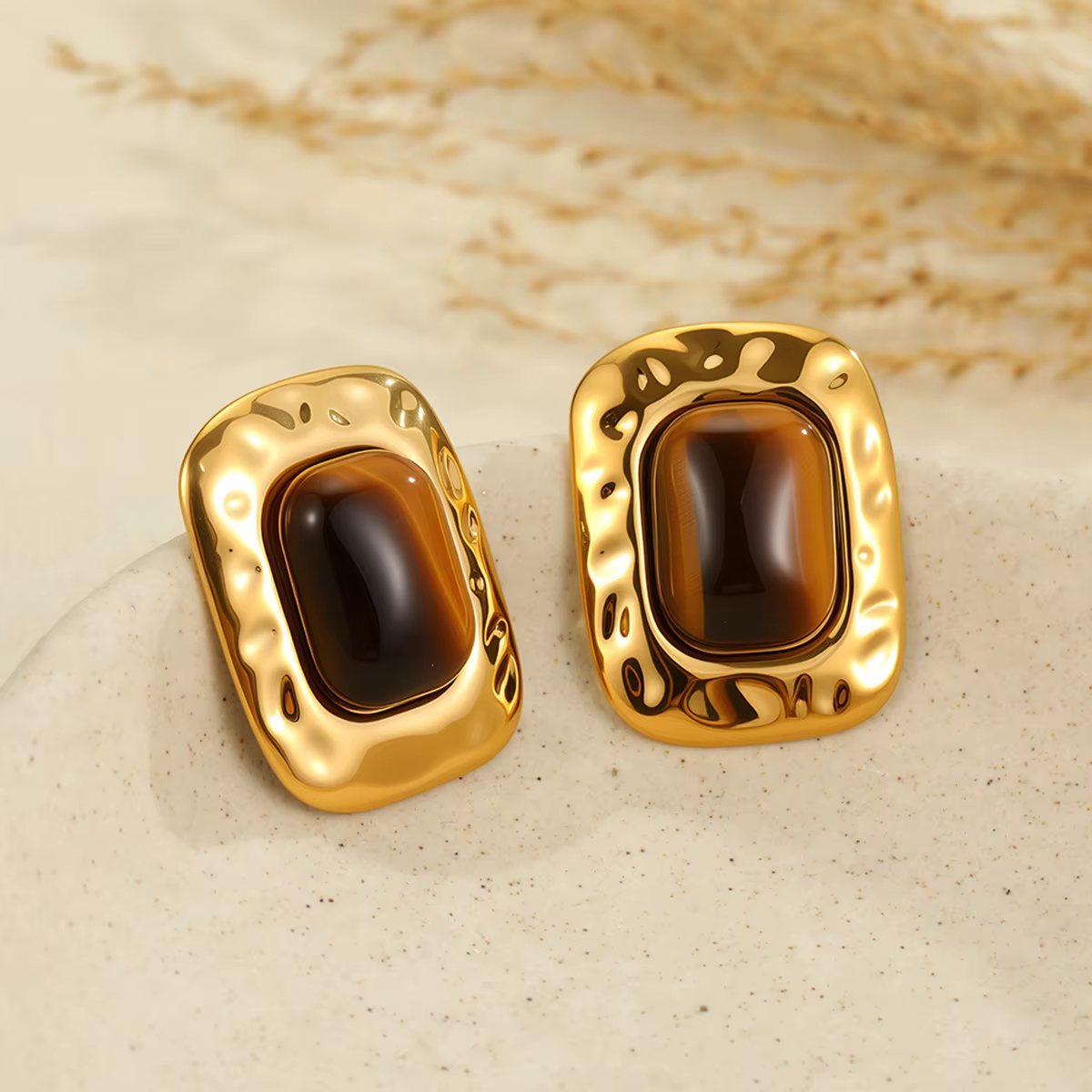 Ars Boucles d'oreilles vintage en pierre d'agate plaqué or 18 carats