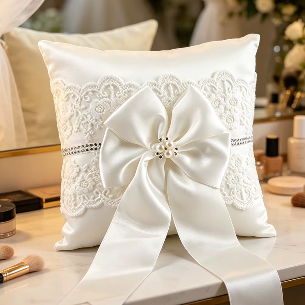 Coussin porte-alliances blanc en dentelle avec nœud et perle