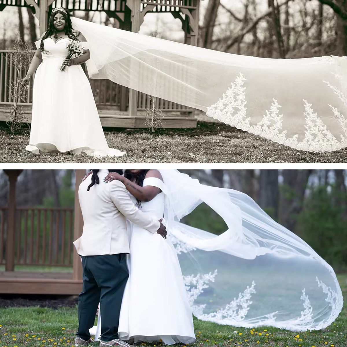 Voiles de mariage élégants Appliques dentelle une couche blanc ivoire Tulle voile de mariée avec peigne 3 mètres Veu de Noiva Longo vraies Photos