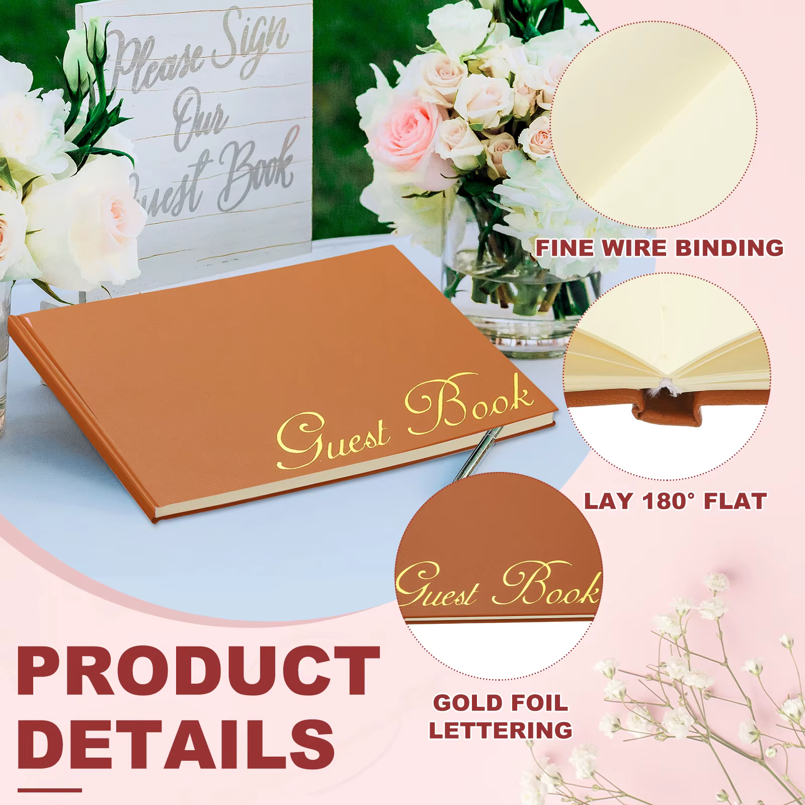 Livre d'or élégant 9x7" en cuir PU pour mariage