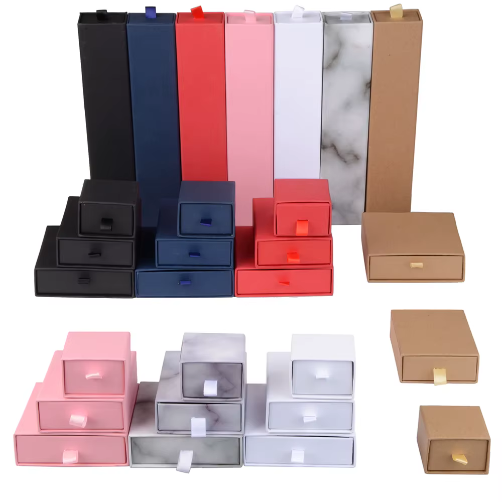 Boîte d'Emballage de Cadeau de Bijoux avec Ruban en Papier Kraft Coulissant