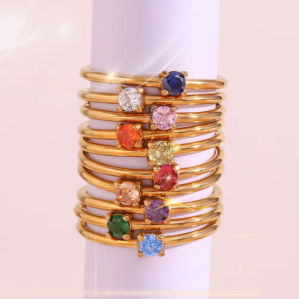 E.B.belle 12 mois Constellation CZ pierre de naissance anneaux pour femme plaqué or en acier inoxydable zodiaque cadeau d'anniversaire bague bijoux