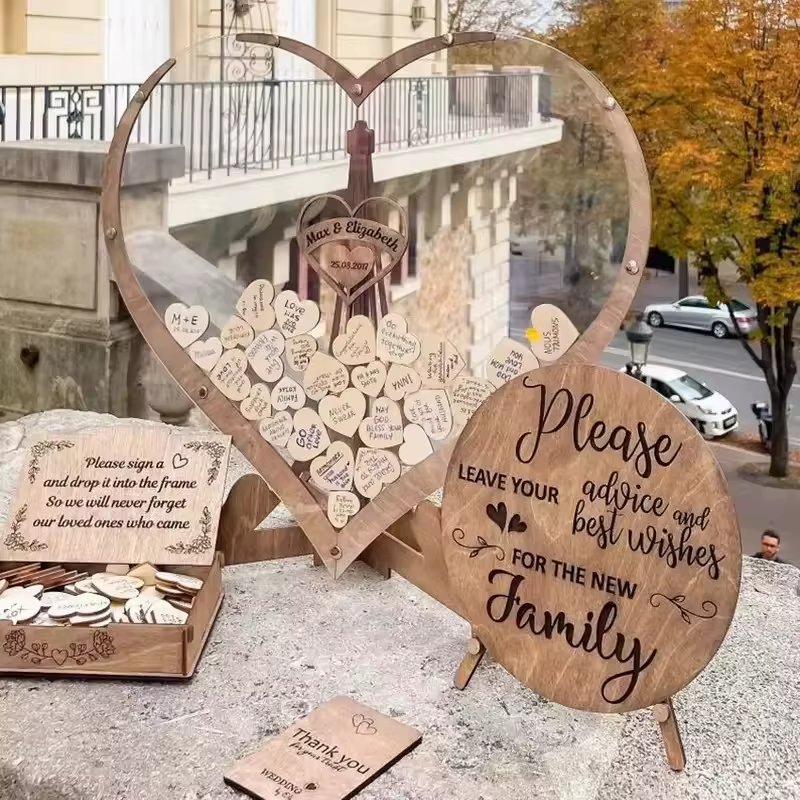Interrupteur livre d'or de mariage en bois en forme de cœur