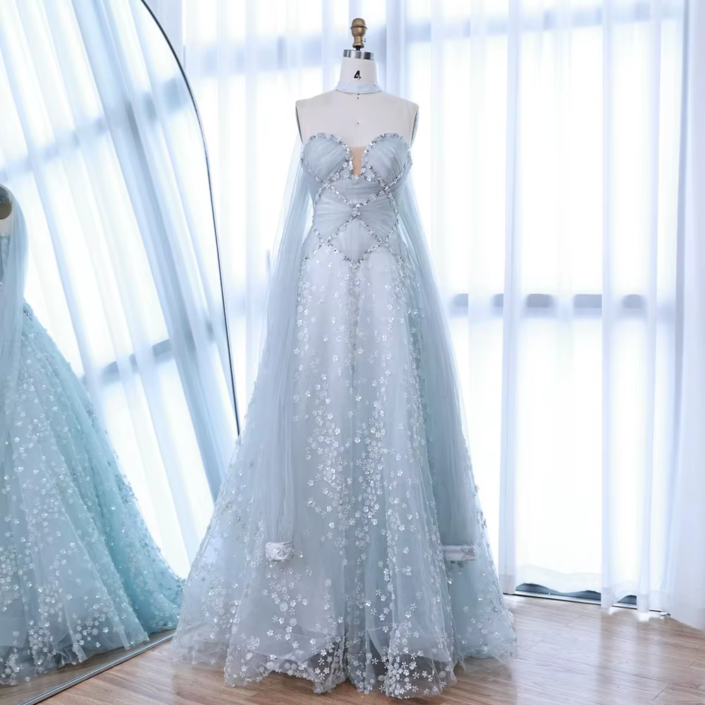Robe de soirée trapèze bleu clair luxueuse avec fleurs 3D et manches détachables en mousseline de soie Serene Hill 2025 LA73099