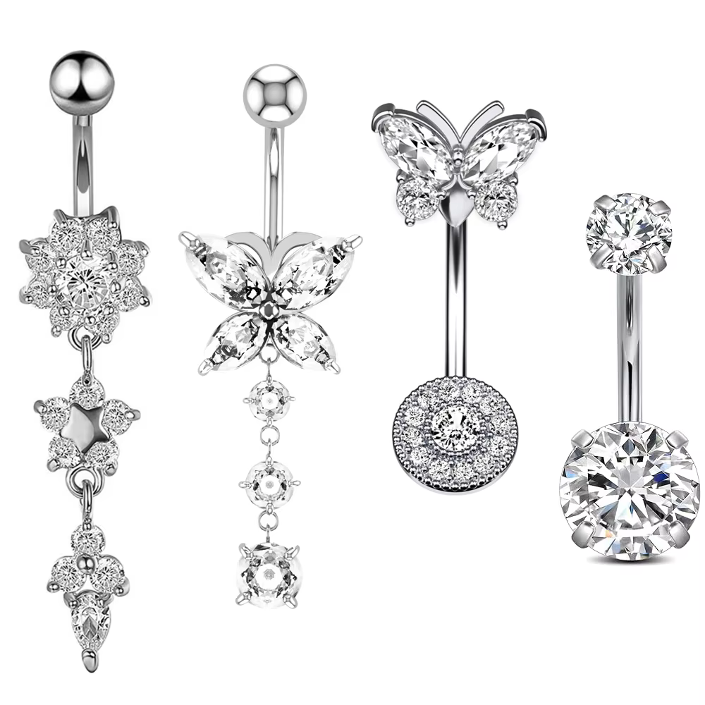 Lot de 4 Piercings de Nombril 14G avec Pendentif Papillon et Fleur