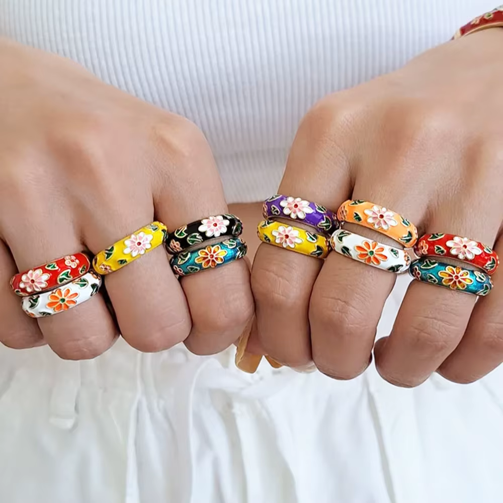 Bague ouverte Vintage en émail coloré pour femmes