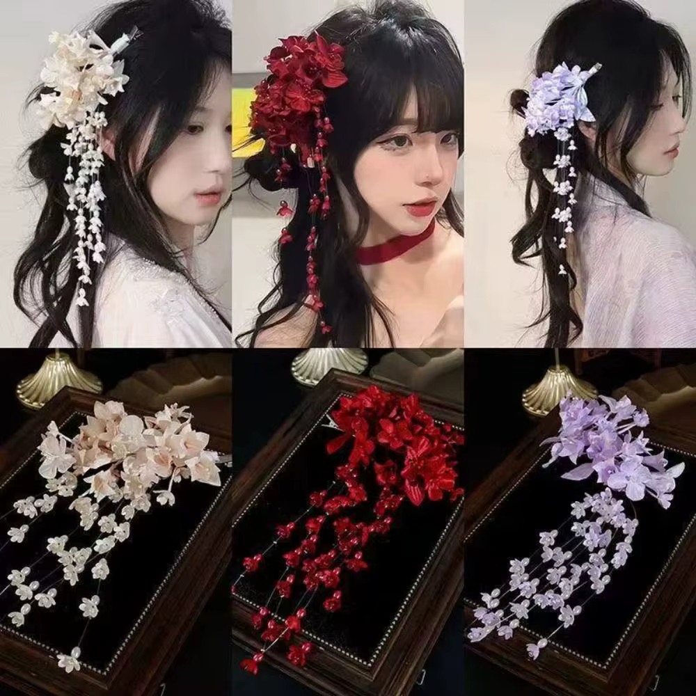 Barrettes à fleurs de luxe avec perles et pompons