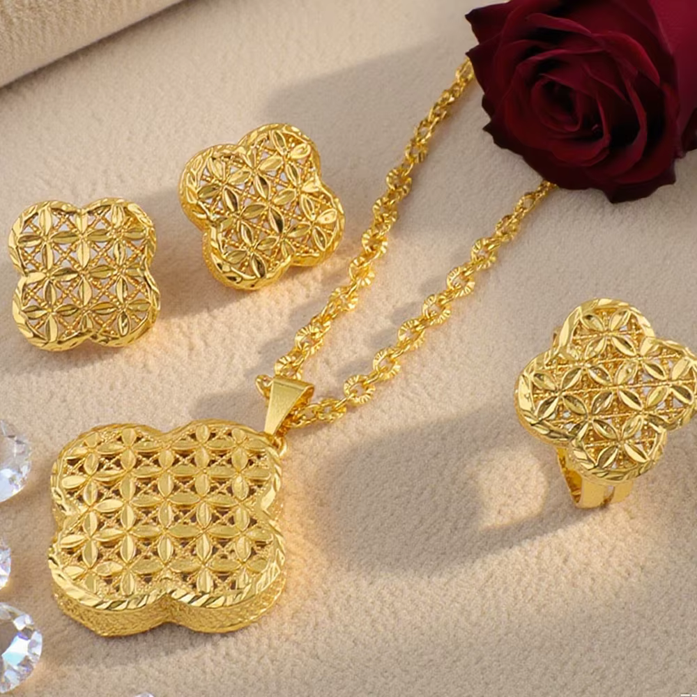 Dubaï plaqué or boucles d'oreilles collier bracelet bague ensembles pour femmes inde luxe fleur forme