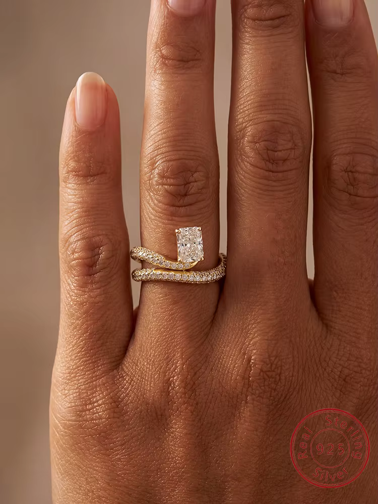 Bague en argent Sterling 925 avec zircon rectangulaire incurvé pour femmes