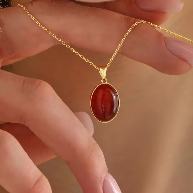 Collier de cornaline naturelle en or 14 carats fait à la main