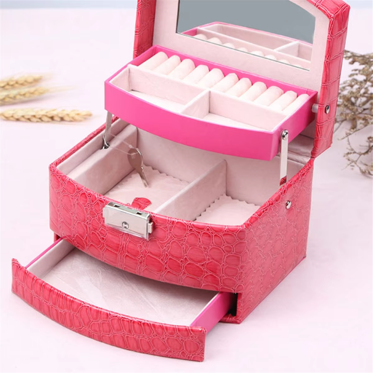 Boîte de Rangement de Bijoux en Cuir PU à 3 Couches