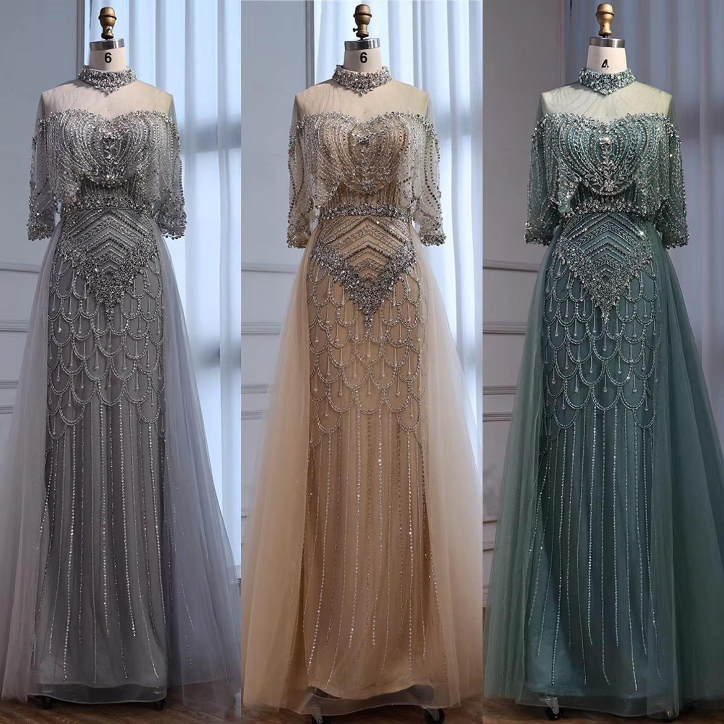 Robe de soirée de luxe grise avec perles