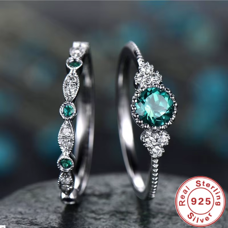 Ensemble de bagues en argent Sterling 925 avec cristaux de Zircon émeraude pour femmes