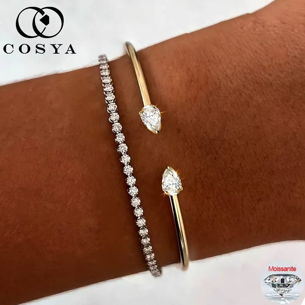 COSYA Bracelet jonc ouvert en moissanite poire 2 carats pour femme