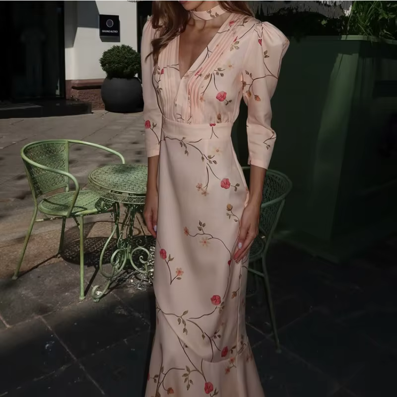 Nouvelle Robe Longue Sirène de Soirée de Mariage 2026 à Imprimé Floral Français