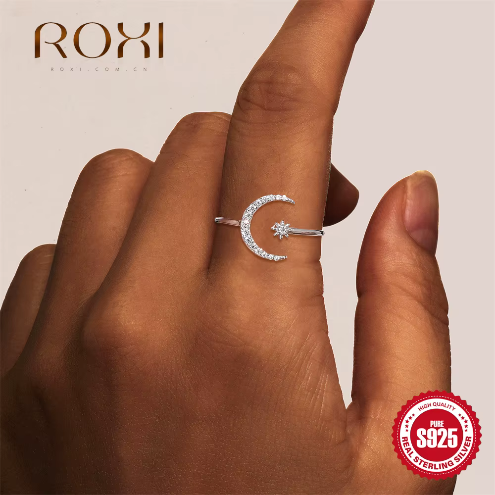 ROXI Moissanite octogonale étoile lune anneaux réglables 925 en argent Sterling exquis anneau ouvert pour les femmes bijoux de fiançailles cadeau