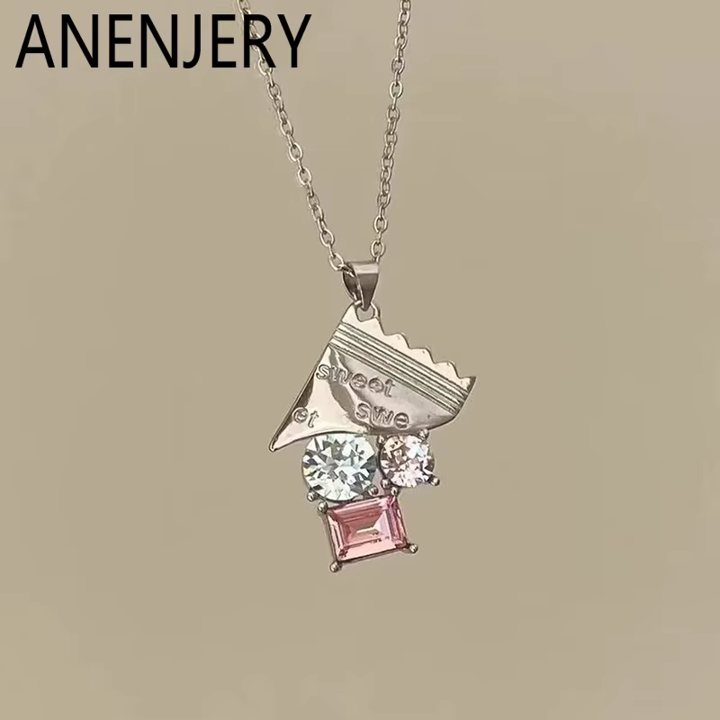 ANENJERY – collier avec pendentif en Zircon rose et bleu pour femmes