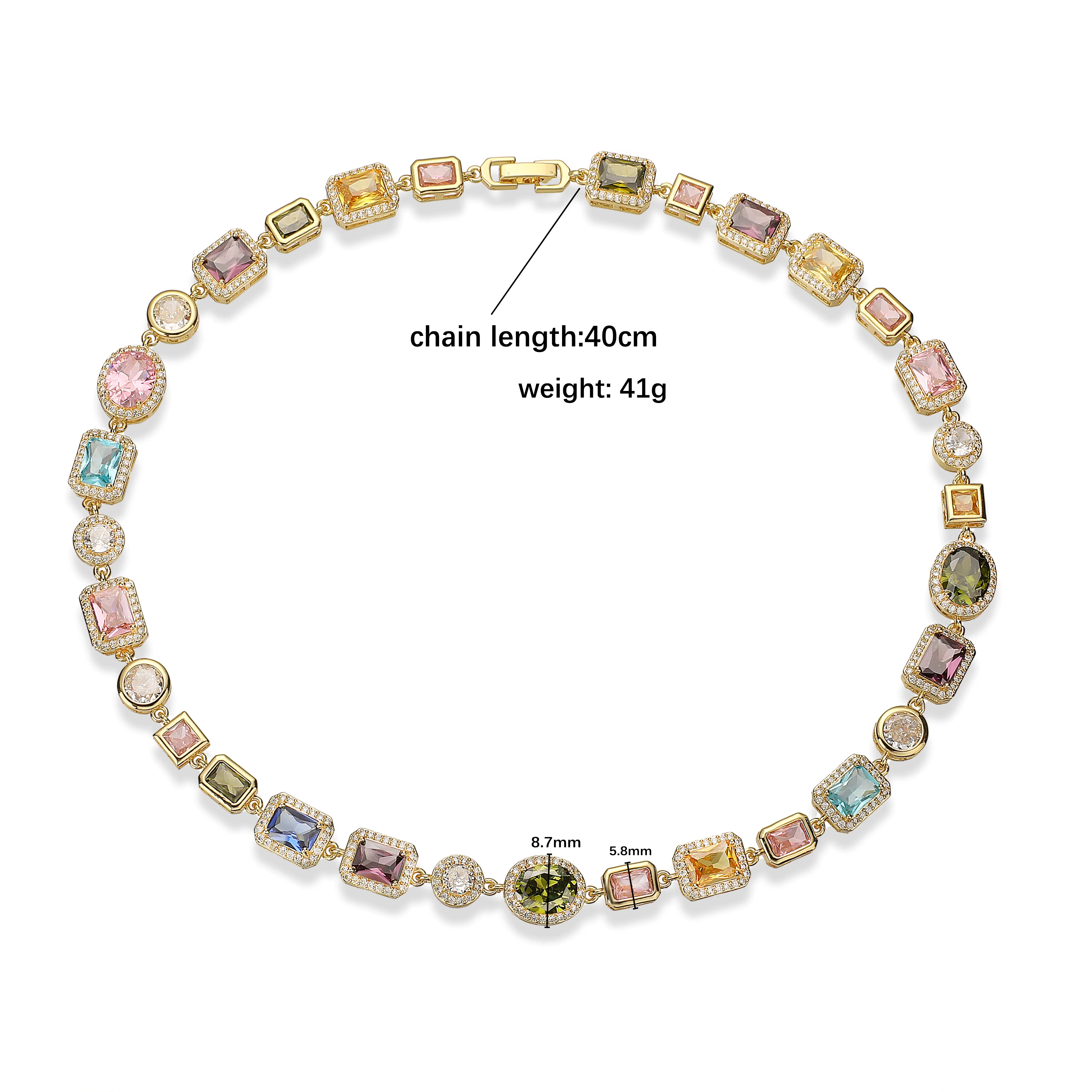 Bracelet/Collier Unisexe en Or Plaqué 18 Carats avec Mosaïque de Pierres Semi-Précieuses Multicolores Carrées et Rondes