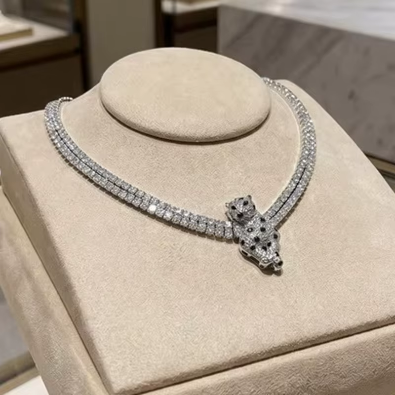 AYJEWELRY Nouvelle Tendance Collier Tennis Double Couche avec Pendentif Broche Panthère Léopard Noir en Zircon 5A