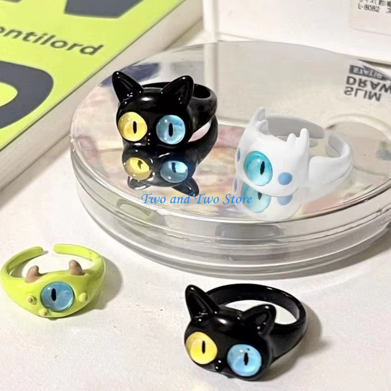 Hx6f drôle vert blanc chat monstre ring sweet yeux doux cool dessin animé mignon copines couple ouvert cadeau bijoux