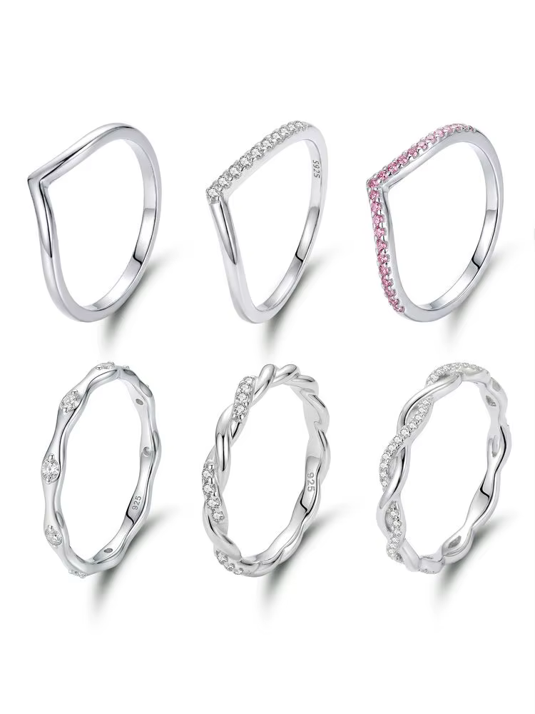 Bague en argent sterling 925 torsadée en forme de V avec zircon pour femme