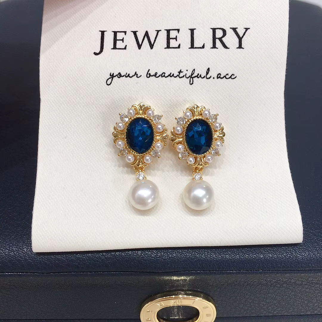 ZHBORUINI boucles d'oreilles en perles d'eau douce 7-7.5mm bleu foncé Zircon rétro bijoux de mode pour les femmes belles