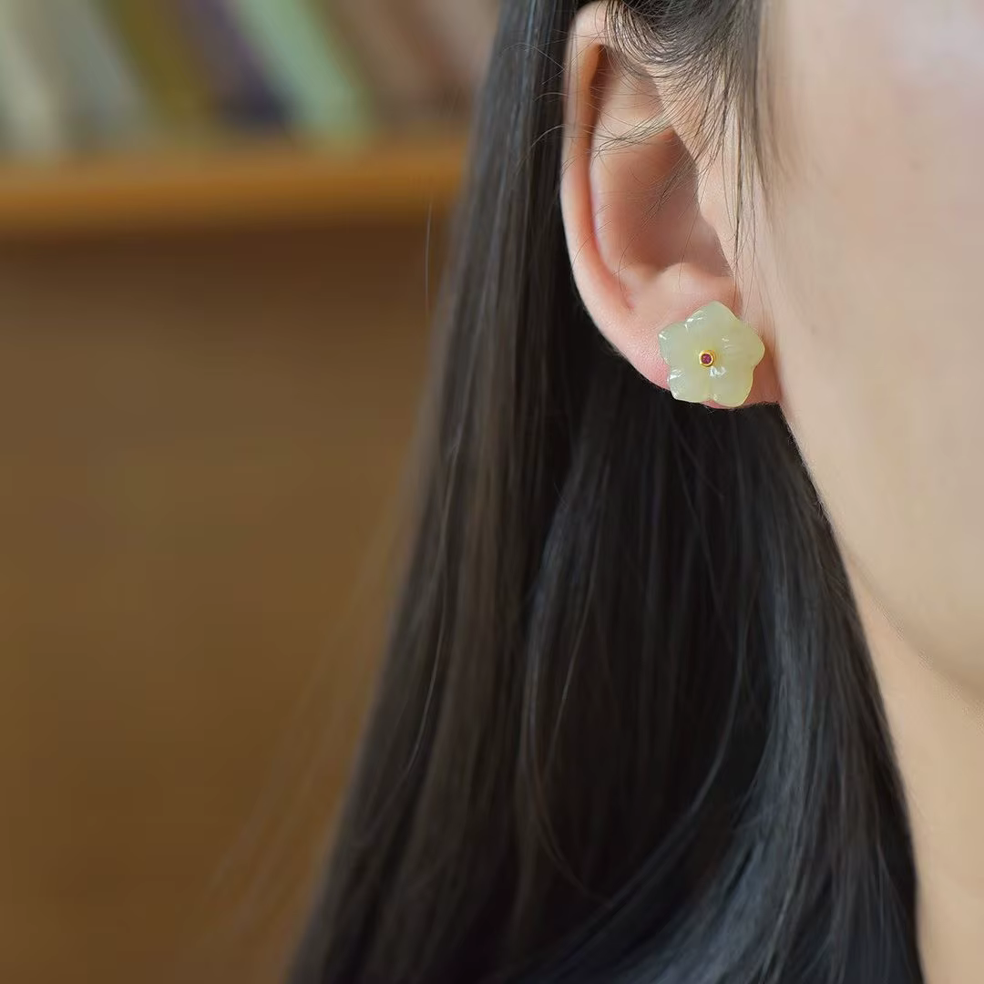 Certifié Vintage mode 925 argent ensemble naturel blanc Jade fleur oreille Stud véritable néphrite goutte balancent gland boucle d'oreille bijoux