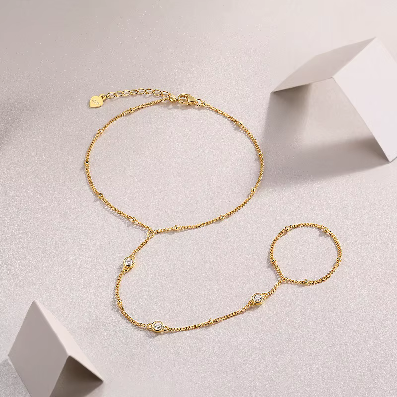 Bracelet Chaîne de Main en Argent Sterling S925 Plaqué Or avec Moissanite JIUZUAN
