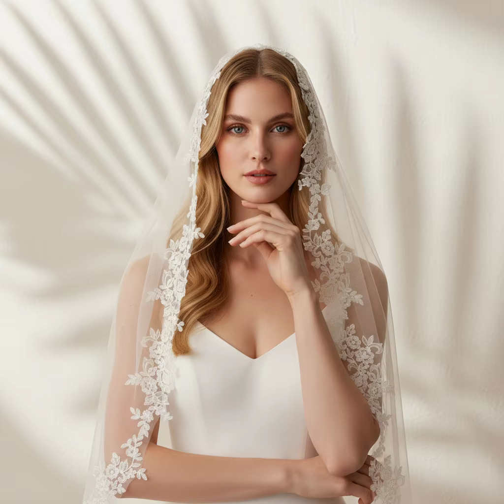 Voile de mariée élégant avec bordure en dentelle florale exquise