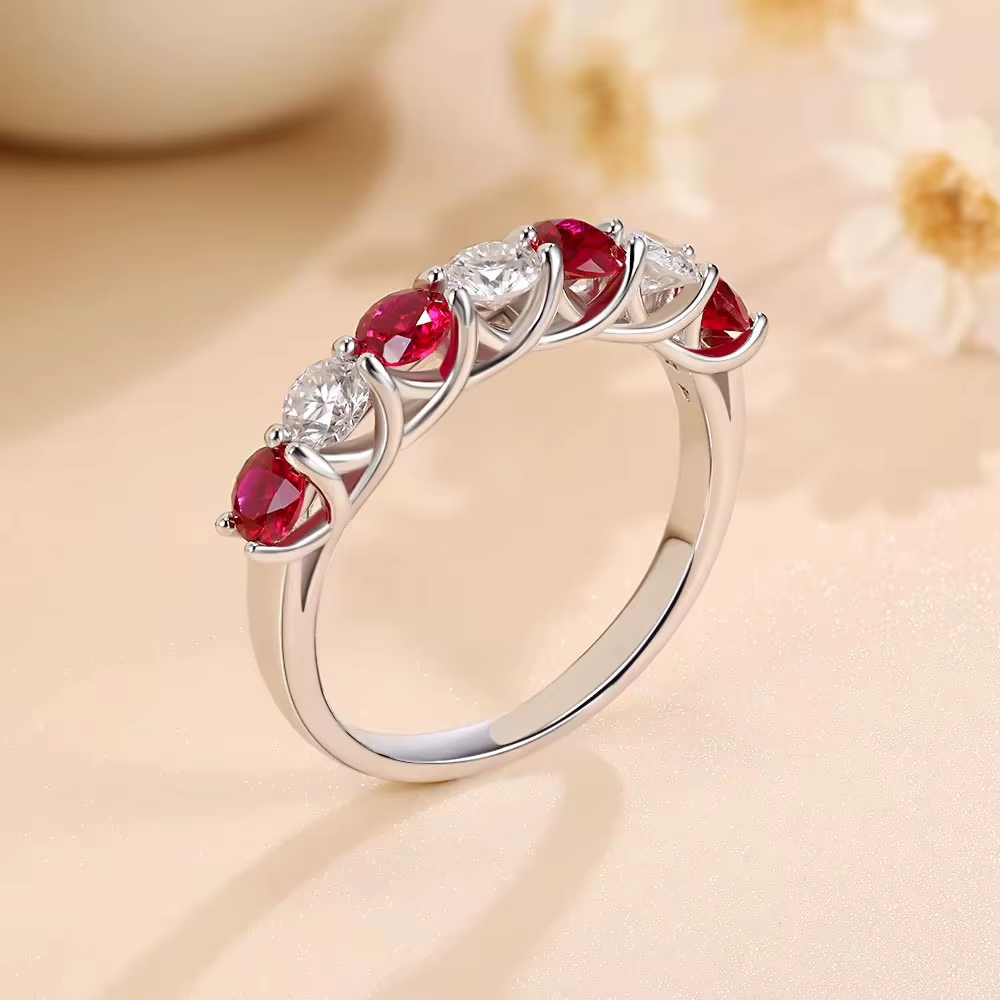 Bague LinkerLove Ruby pour femme, argent sterling S925, pierre précieuse moissanite, 7 pierres alternées, alliance de mariage, bijoux, cadeau d'anniversaire