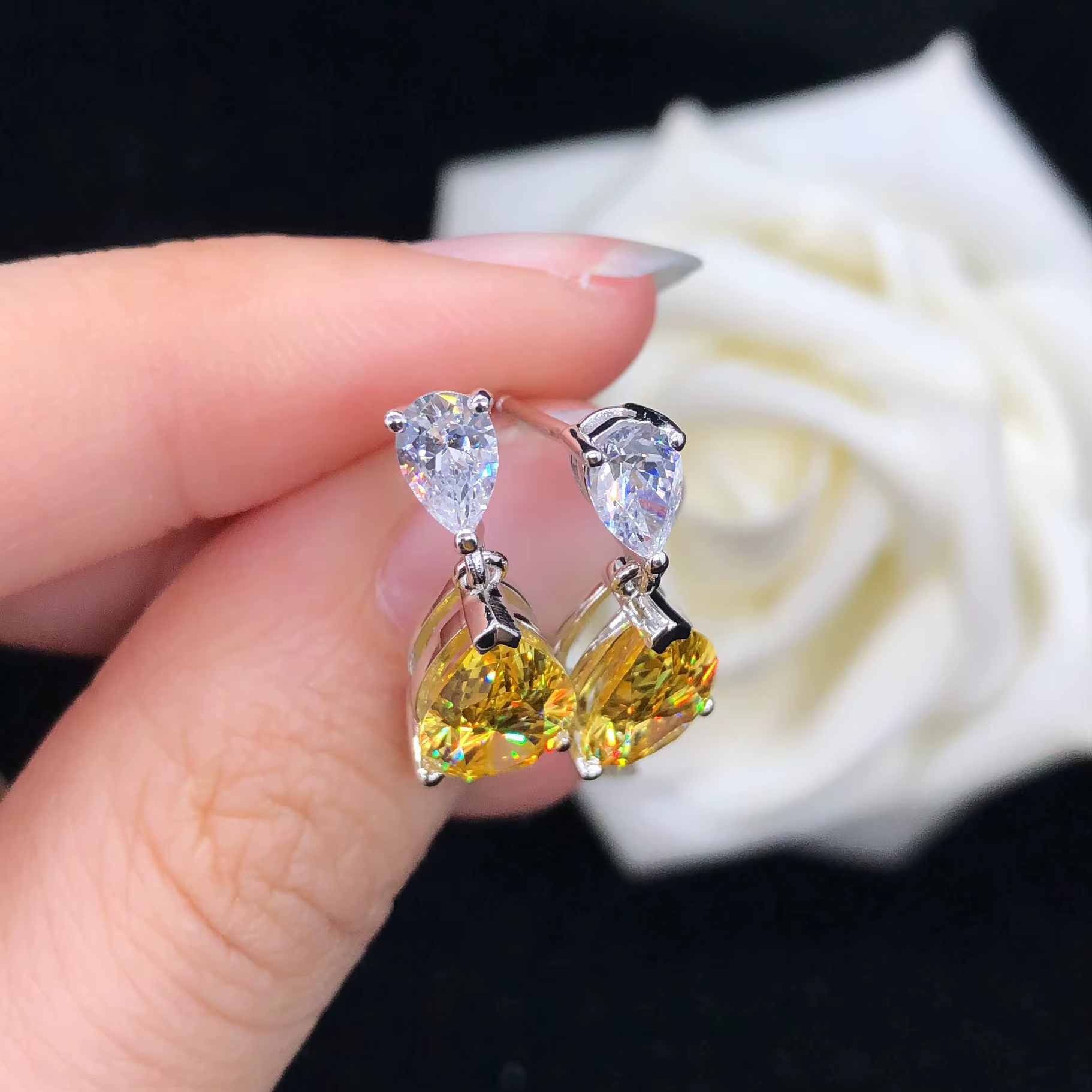 (6Ct Total) 3Ct chaque poire coupe jaune laboratoire cultivé diamant boucles d'oreilles AU585 or blanc goutte d'eau boucle d'oreille 14K bijoux E053