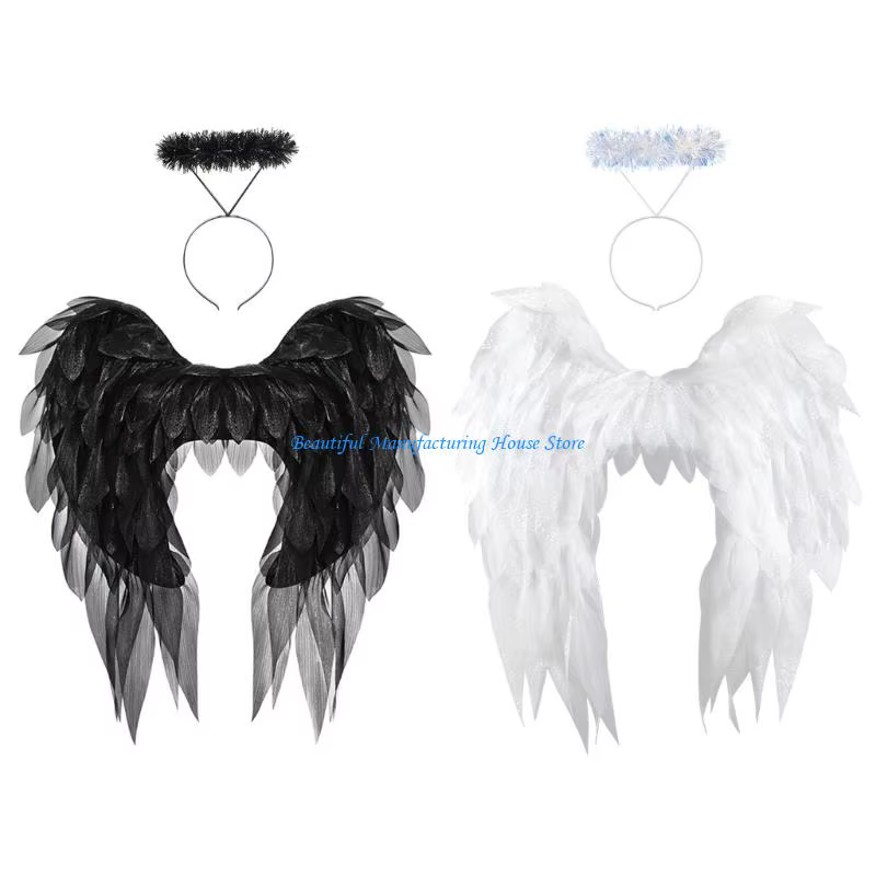 Costume d'ange E56A, aile d'ange bandeau Halos