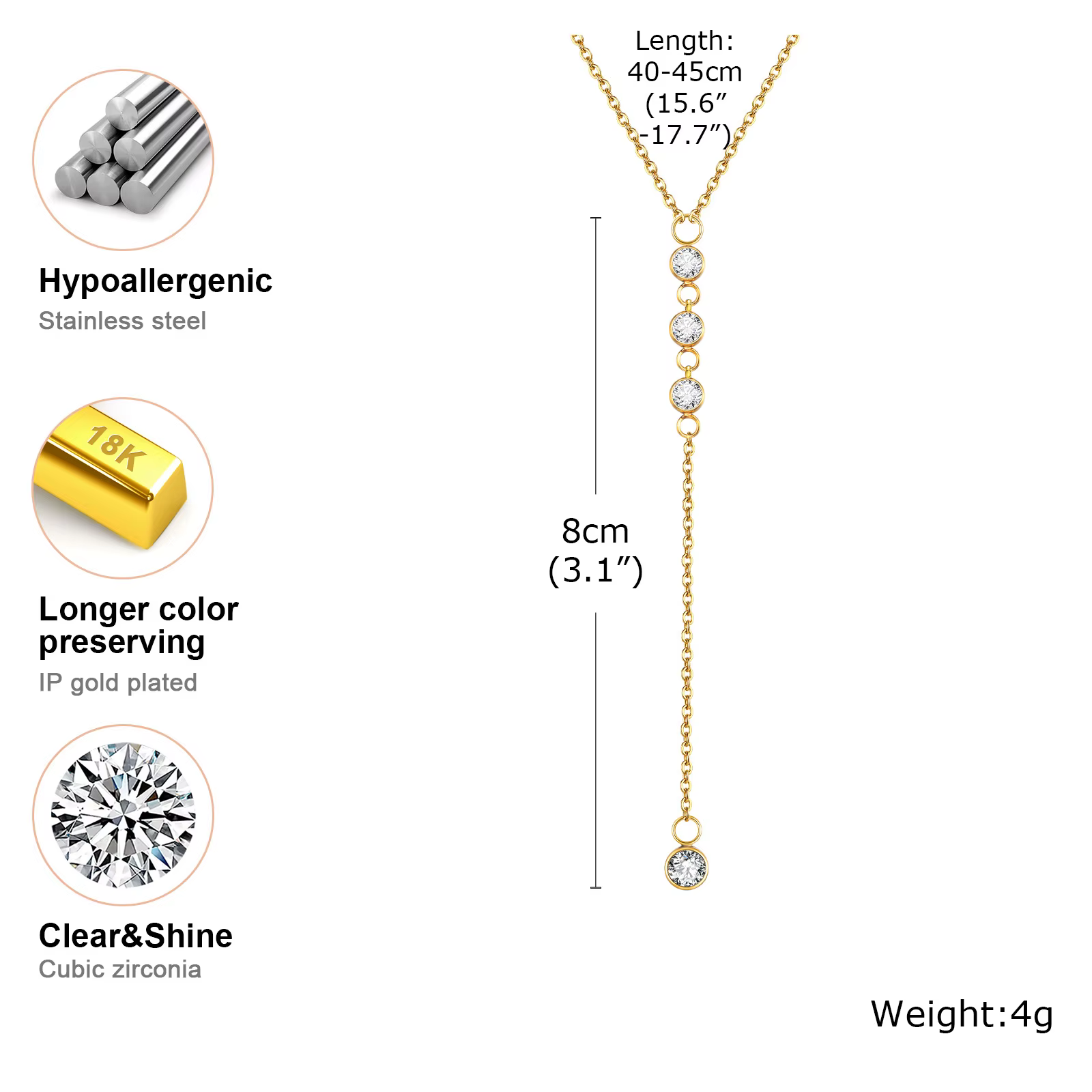 Collier Lariat en acier inoxydable plaqué or