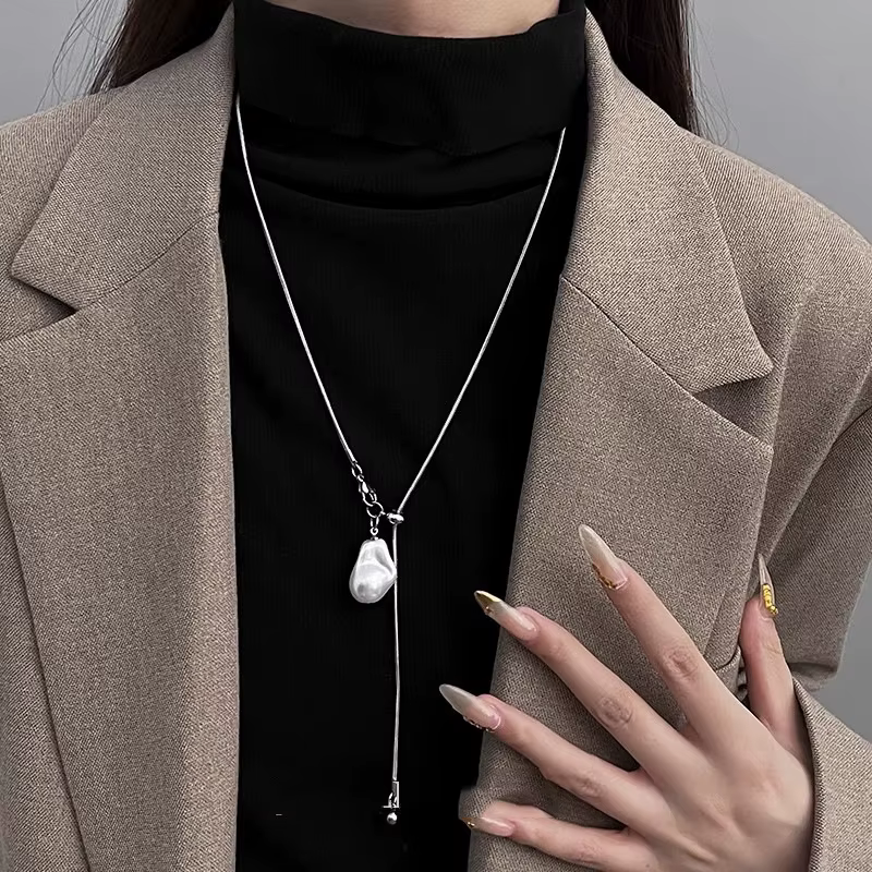 LATS – collier Long en acier inoxydable avec perles baroques pour femmes