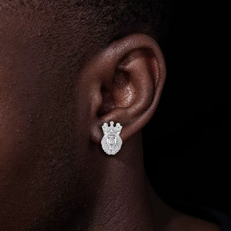 Boucles d'oreilles Hip Hop roi Lion en argent Sterling 925 véritable plaqué Rhodium, couronne de Moissanite glacée, bijoux cadeaux pour hommes