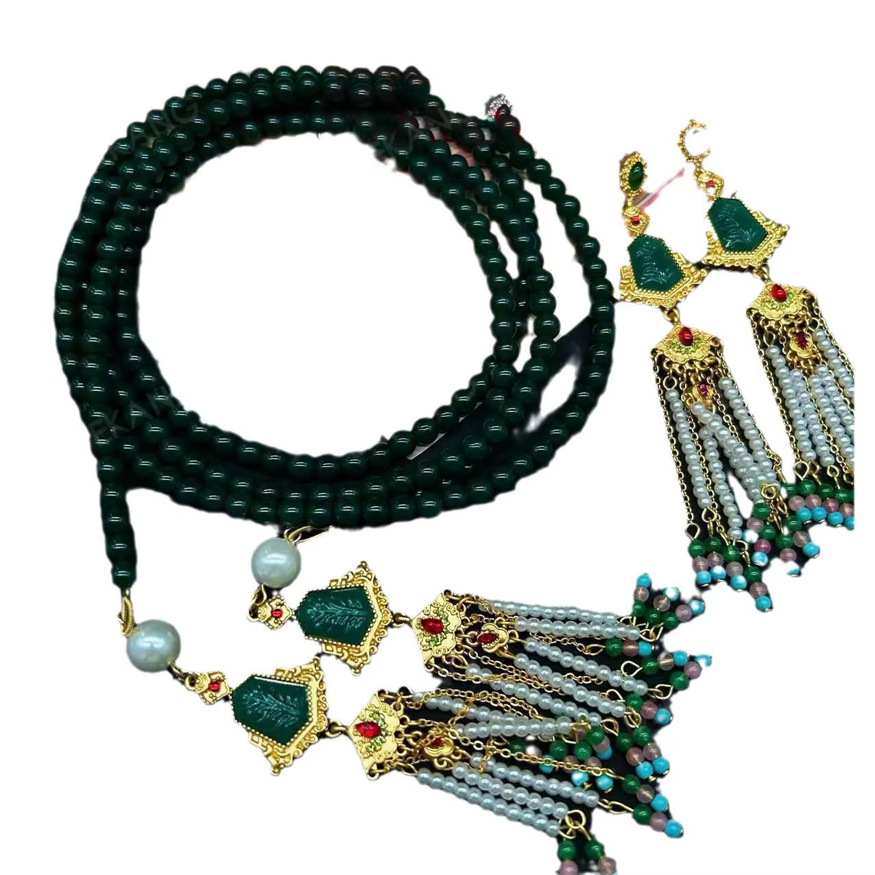 Nouveau Collier et boucles d'oreilles totem à thème ethnique de perles à franges de Style chinois