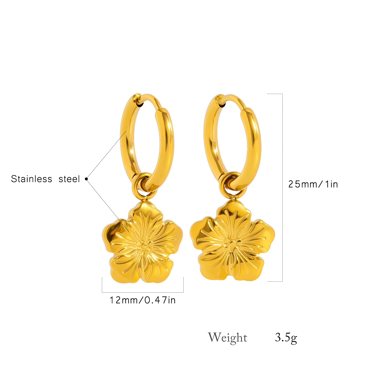 Boucles d'oreilles pendantes en forme de fleur de prunier pour femme – Acier inoxydable plaqué or 18 carats