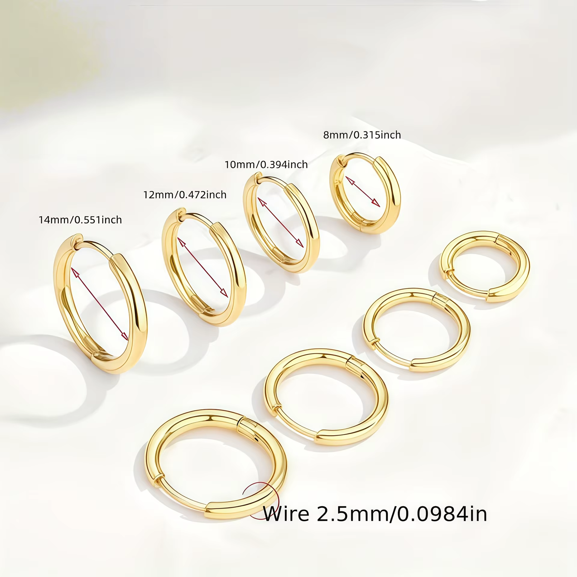 4 paires d'anneaux d'oreilles en titane plaqué or