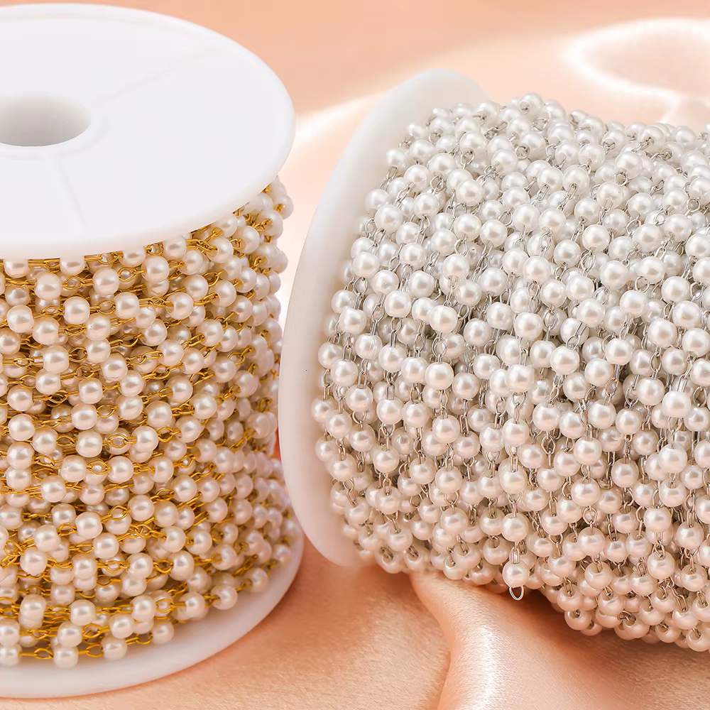 Chaînes de perles blanches plaquées or en acier inoxydable de 2 mètres