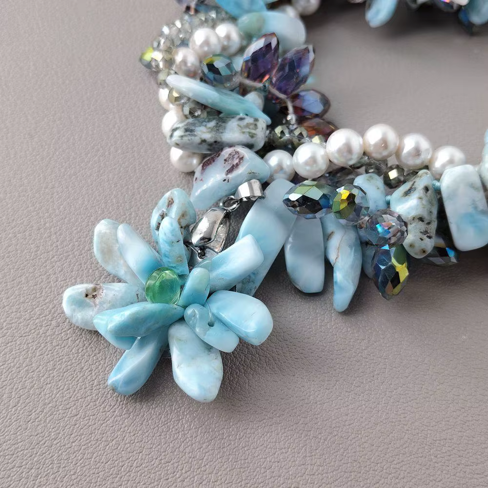 KKGEM 4 brins 9x16mm Larimar 6mm coquille de mer blanche cristal Torsade collier élégant déclaration colliers bijoux
